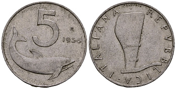 Италия 5 лир 1954 плуг, дельфин KM 92 алюминий 4176-222