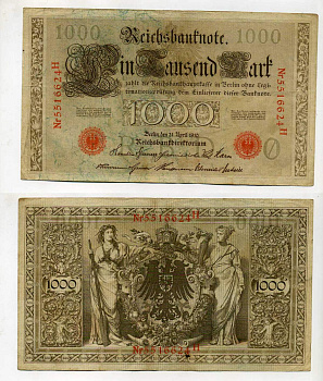 Германия 1000 марок 1910 красная печать, 7 значный номер Pick 44 b  бумага   8610-41-1-2