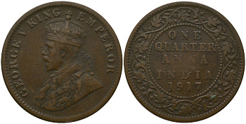 Индия 1/4 анны 1917 Георг V (1910-1936) KM 512 бронза 4571-437