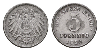 Германия 5 пфеннигов 1920 G KM 19, J. 297 железо плакированная цинком 4636-348