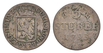 Юлих-Берг 3 штюбера 1793 год-тип KM 216, Schon 104, Noss Be 1000 серебро 650-1531