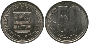 Венесуэла 50 сентимо 2007 KM 92, Schon 105 сталь плакированная никелем 4529-123