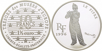 Франция 10 франков = 1 1/2 евро 1996 серия сокровища музеев Европы, игрок на флейте Эдуарда Мане KM 1122 серебро PROOF 00-00