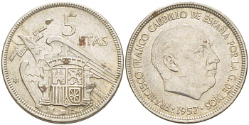 ИСПАНИЯ 5 ПЕСЕТ 1957 (68) ФРАНСИСКО ФРАНКО ДИКТАТОР ИСПАНИИ ( 1939- 1975) KM 786 медно-никель 216-651