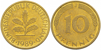 ФРГ 10 ПФЕННИГОВ 1989 J KM 108, J.383 сталь плакированная латунью 3718-841