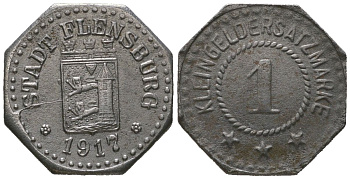 Фленсбург (Пруссия, Шлезвиг-Гольштейн) 1 пфенинг 1917 Funck 131.4A, Men05 7331.1, Men18 9227.1 железо 4610-831