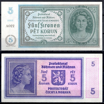 Богемия и Моравия 5 марок ND (1940) портрет девушки Pick 4 a бумага aUNC 451-1045-3