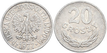 ПОЛЬША 20 ГРОШЕЙ 1977 MW KM А47 алюминий 106-454