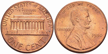 США 1 ЦЕНТ 1984 ЛИНКОЛЬН KM 201b цинк плакированный медью 105-629