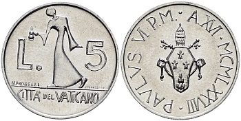 Ватикан 5 лир 1978 год  XVI, Павел VI (1963-1978) KM 133 алюминий UNC 4519-214