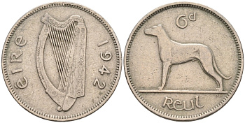 Ирландия 6 пенсов 1942 мрландский волкодав, собака KM 13а медно-никель 4561-1251