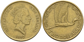 Новая Зеландия 2 доллара 1990 Елизавета II (1952-2022), большая белая цапля KM 79 алюминиевая бронза 60-1327