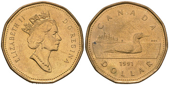 Канада 1 доллар 1991 утка, Елизавета II KM 186 никель плакированный бронзой 4620-355