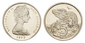 Новая Зеландия 5 центов 1977 тираж 12.000 экземпляров KM 34 медно-никель PROOF 4127-1341