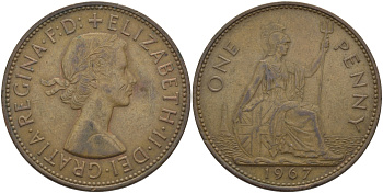 Великобритания 1 пенни 1967 Елизавета II (1952-2022) KM 897, Spink 4157 бронза 97-1115