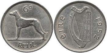ИРЛАНДИЯ 6 ПЕНСОВ 1952 ИРЛАНДСКИЙ ВОЛКОДАВ KM 13а медно-никель 4387-1057