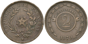 Парагвай 2 сентесимо 1870 SHAW KM 3 медь 221-931