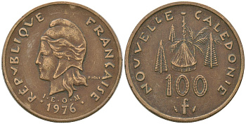 Французская Новая Каледония 100 франков 1976 R·JOLY (с точкой), хижина среди сосен и пальм, (IEOM) KM 15, Schoen 16, Lec 130 никель латунь 4137-643