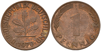 ФРГ 1 пфенниг 1970 D KM 105, J. 380 сталь плакированная медью    4598-446