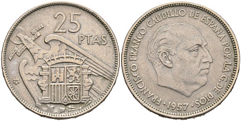Испания 25 песет 1957(59) Франсиско Франко (1939-1975) KM 787 медно-никель 4571-1256