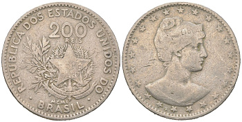 Бразилия 200 реалов 1901 MCMI, голова свободы вправо KM 504 медно-никель 4612-333