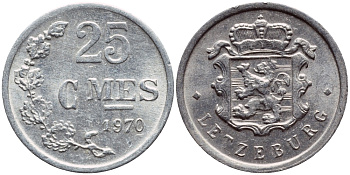 Люксембург 25 сантимов 1970 Герцог Жан (1964-1999) KM 45a.1 алюминий 4396-1138