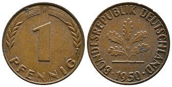 ФРГ 1 ПФЕННИГ 1950 F KM 105, J.380 сталь плакированная медью 261-1628