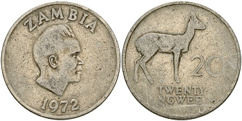 Замбия 20 нгве 1972 Кеннет Каунда, редунки KM 13 медно-никель 4162-535