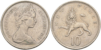 Великобритания 10 пенсов 1976 Елизавета II (1952-2022) KM 912, Spink 4231 (F1) медно-никель 4117-926