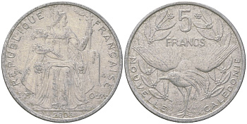 Французская Новая Каледония 5 франков 2003 птица кагу, (IEOM) KM 16, Schoen 12, Lec 81h алюминий 189-1042