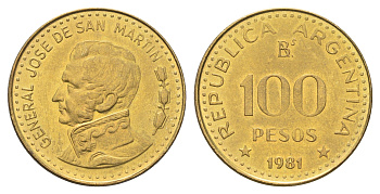 Аргентина 100 песо 1981 KM 85a сталь плакированная латунью UNC 4662-744