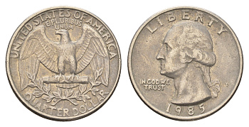 США 25 центов (квотер) 1985 P, Джордж Вашингтон KM А164а медь плакированная медно-никелем 4681-216