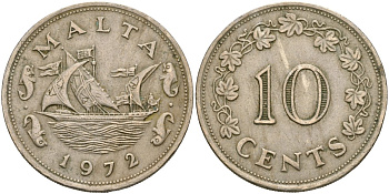 Мальта 10 центов 1972 баржа Великого магистра KM 11 медно-никель 4137-911