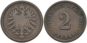 Германия 2 пфеннига 1874 А, старогербовка KM 2, J. 2 медь 4573-1226