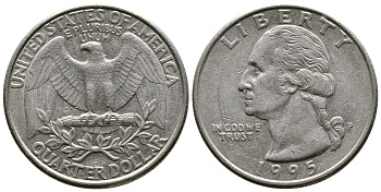 США 25 центов (квотер) 1995 Р, Вашингтон КМ А164а медь плакированная медно-никелем 56-1221