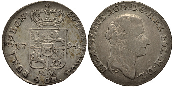 Польша 4 гроша (1 злотый) 1794 MV, Станислав Август Понятовский (1764-1795), вес 5,3 гр. KM 208.1 (С51) серебро 1516-1023