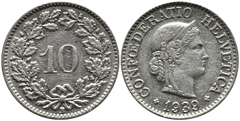 Швейцария 10 раппенов 1939 B KM 27b никель     4539-437