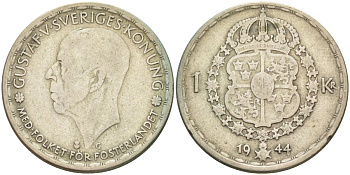 Швеция 1 крона 1944 G, Густав V (1907-1950) KM 814 серебро 85-815