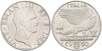 ИТАЛИЯ 50 ЧЕНТЕЗИМО 1940 R, ГОД XVIII, ВИКТОР ЭММАНУИЛ III (1900-1946), немагнитная, ГУРТ РИФЛЁНЫЙ KM 76а, VEM3. 1062a) нержавеющая сталь 3853-257