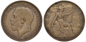 Великобритания 1 пенни 1916 Георг V (1910-1936) КМ 810, Spink 4051 бронза 51-2247