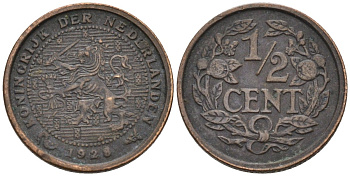 Нидерланды 1/2 цента 1928 Вильгельмина (1890-1948) KM 138 бронза 4576-461