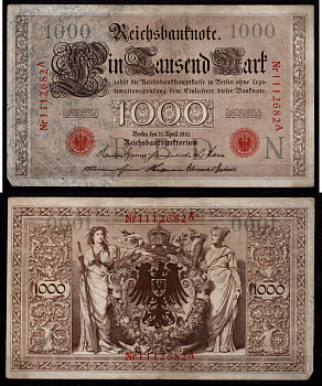 Германия 1000 марок 1910 Берлин, A; аллегорические фигуры («Мореплавание» и «Земледелие»), герб Pick 44 b бумага 7547-72-2-2