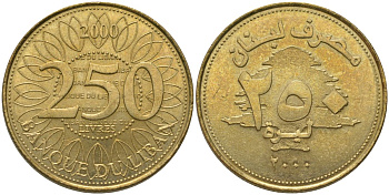 Ливан 250 ливров 2000 KM 36 медь алюминий никель UNC 4513-525