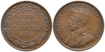 Канада 1 цент 1918 Георг V (1910-1936), большой формат KM 21 бронза 177-947