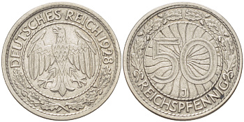 Германия 50 рейхспфеннигов 1928 J KM 49, J. 324, Weege 13 никель 4182-722