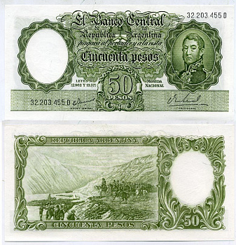 АРГЕНТИНА 50 ПЕСО 1968 СЕРИЯ D 32203, ГЕНЕРАЛ САН МАРТИН Pick 276 бумага UNC (ПРЕСС) 7485-25-2