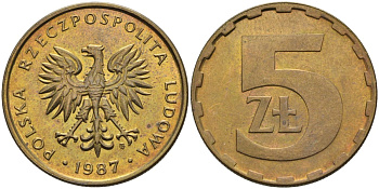 Польша 5 злотых 1987 MW, Народная Республика KM 81.2, Parchimowicz 222b латунь aUNC 4556-1123