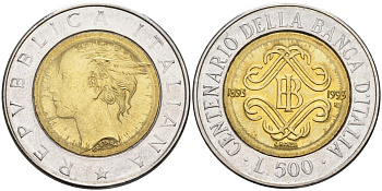Италия 500 лир 1993 R, 100 лет банку Италии (1893-1993) KM 160 биметалл UNC 27-846