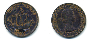 Великобритания 1/2 пенни 1963 Елизавета II (1952-2022) KM 896, Spink 4158 бронза 83-444