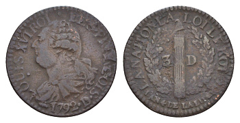 Франция 3 денье 1792 D, Людовик XVI (1774-1792) KM 608 медь 443-1625